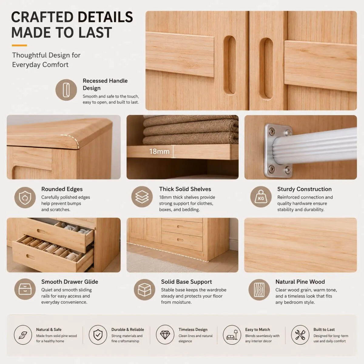 Natural Wood Scandinavian Wardrobe Armoire With Drawers