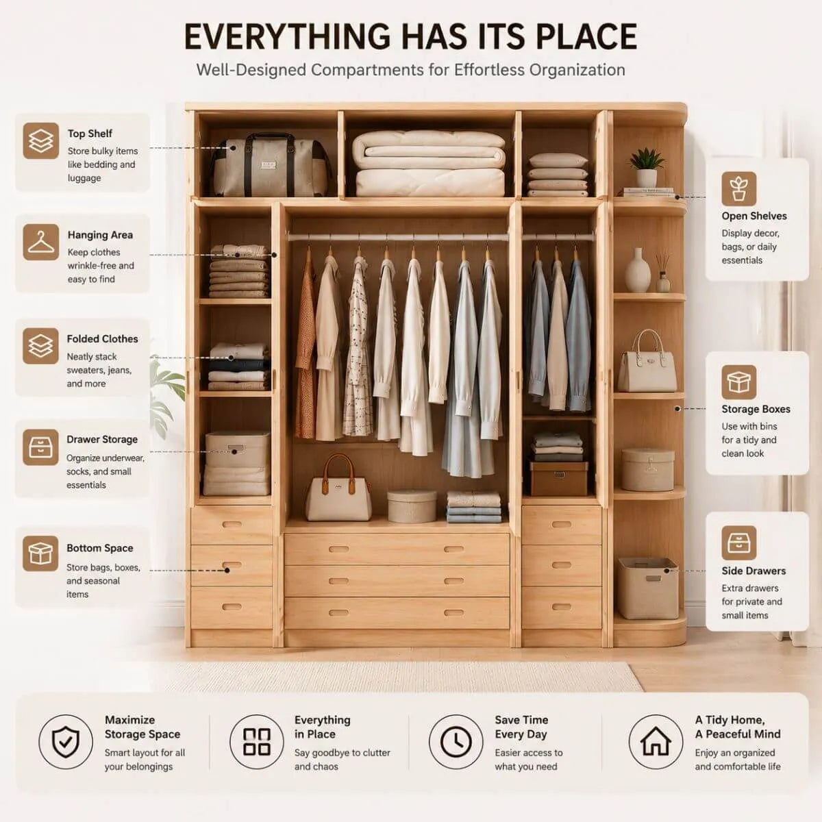 Natural Wood Scandinavian Wardrobe Armoire With Drawers