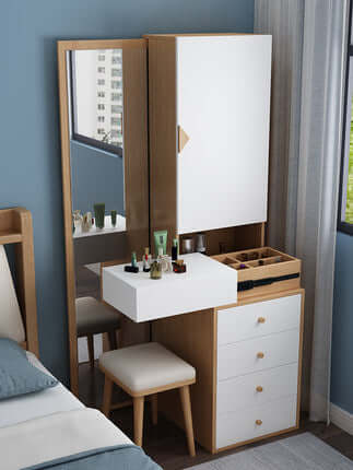 Natural Wood Vanity Table with Full Body Mirror