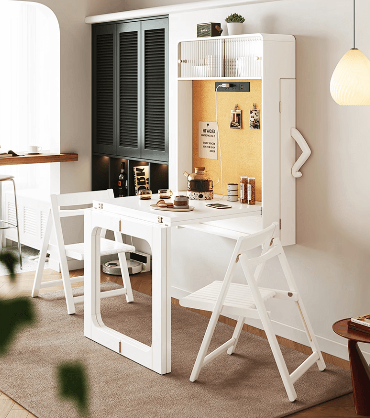 Natural Wood Wall-Mounted Folding Table & 4 Chairs