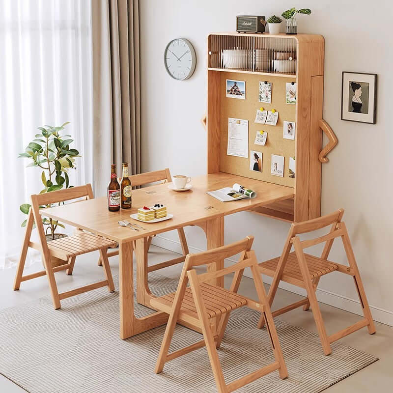 Natural Wood Wall-Mounted Folding Table & 4 Chairs