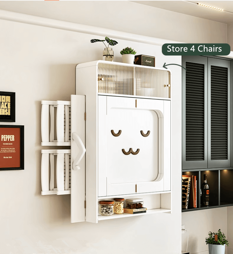 Natural Wood Wall-Mounted Folding Table & 4 Chairs