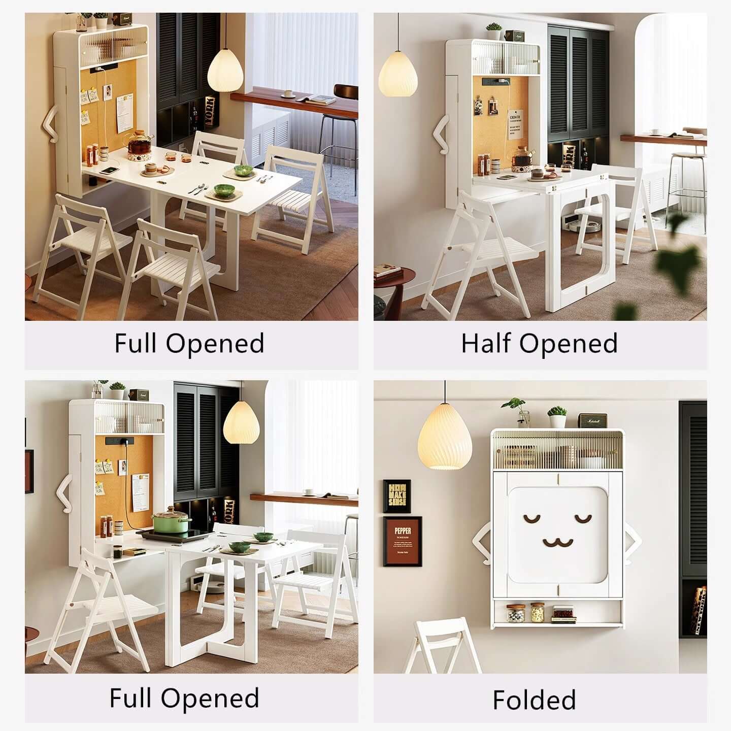 Natural Wood Wall-Mounted Folding Table & 4 Chairs