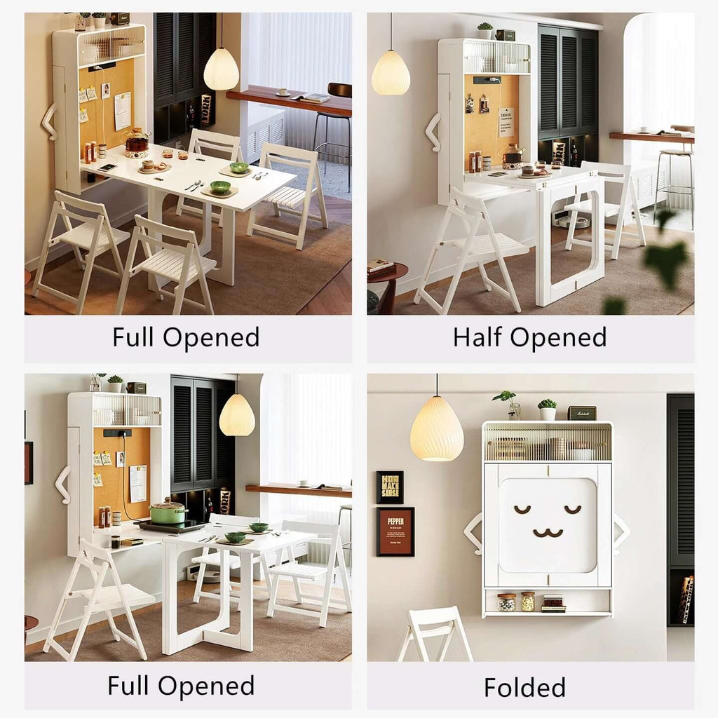 Natural Wood Wall-Mounted Folding Table & 4 Chairs
