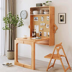 Natural Wood Wall-Mounted Folding Table & 4 Chairs