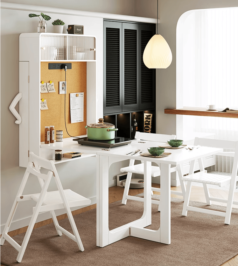 Natural Wood Wall-Mounted Folding Table & 4 Chairs