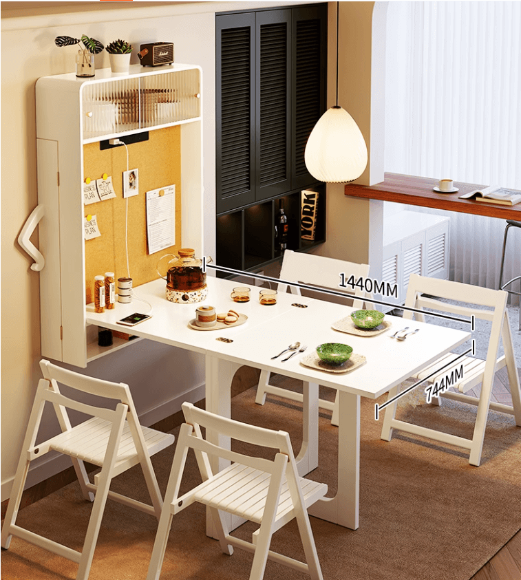 Natural Wood Wall-Mounted Folding Table & 4 Chairs