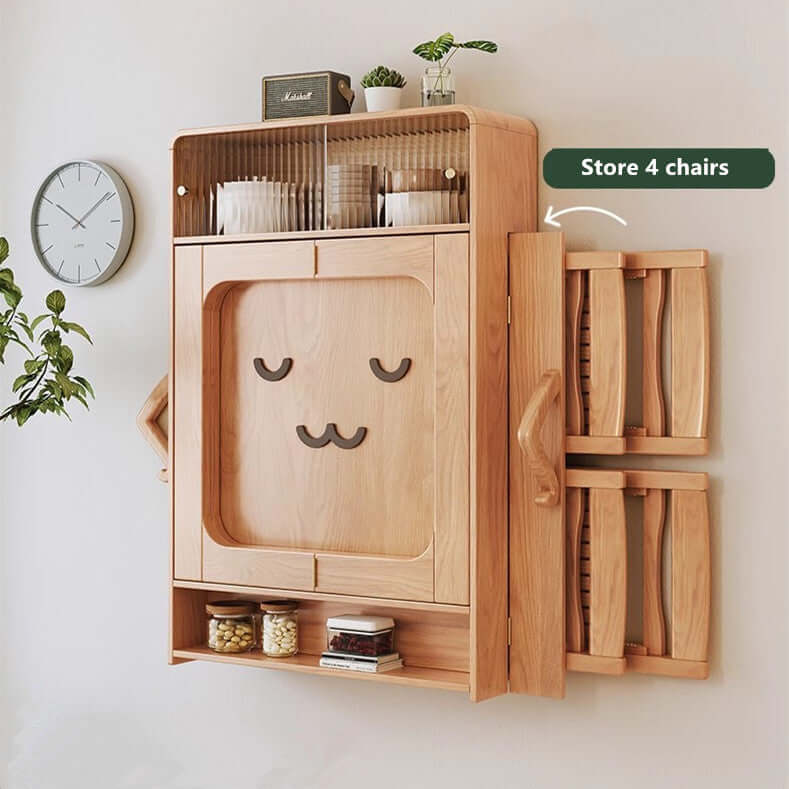 Natural Wood Wall-Mounted Folding Table & 4 Chairs