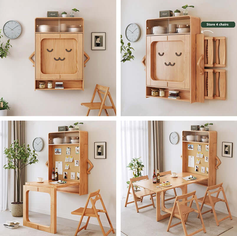Natural Wood Wall-Mounted Folding Table & 4 Chairs Main Product Image Hauptbild