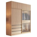 Natural Wood Wardrobe Armoire With Ribbed Glass Sliding Doors