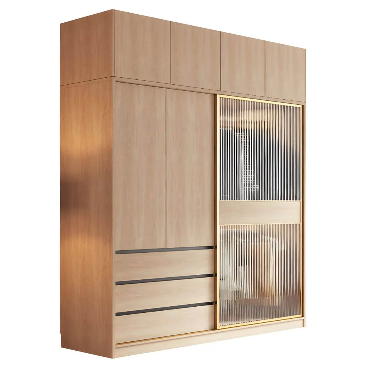 Natural Wood Wardrobe Armoire With Ribbed Glass Sliding Doors