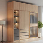 Natural Wood Wardrobe Armoire With Ribbed Glass Sliding Doors