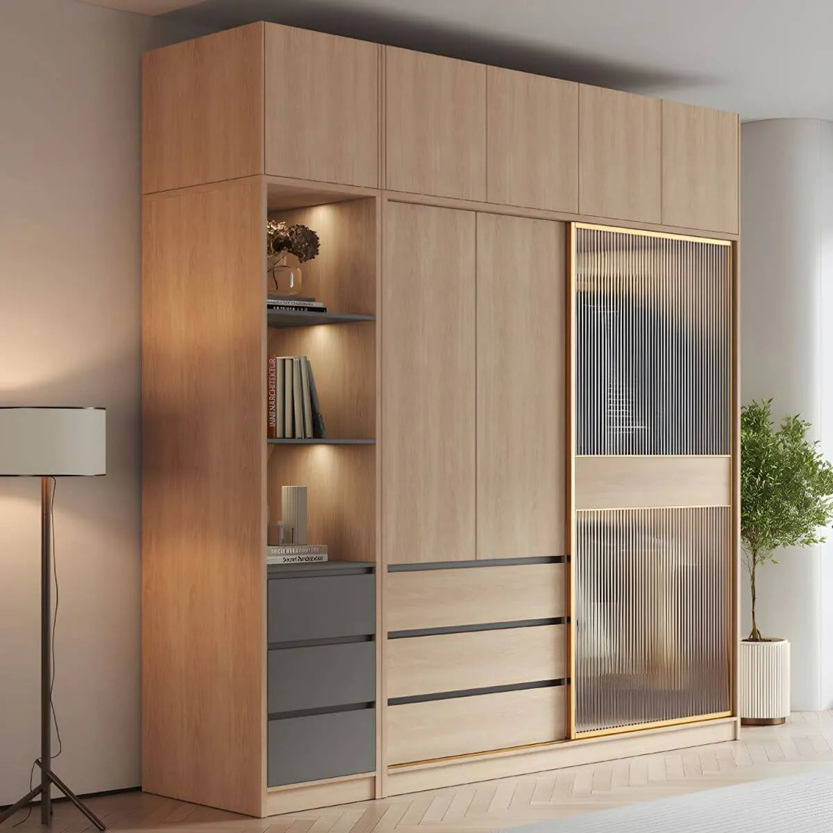 Natural Wood Wardrobe Armoire With Ribbed Glass Sliding Doors