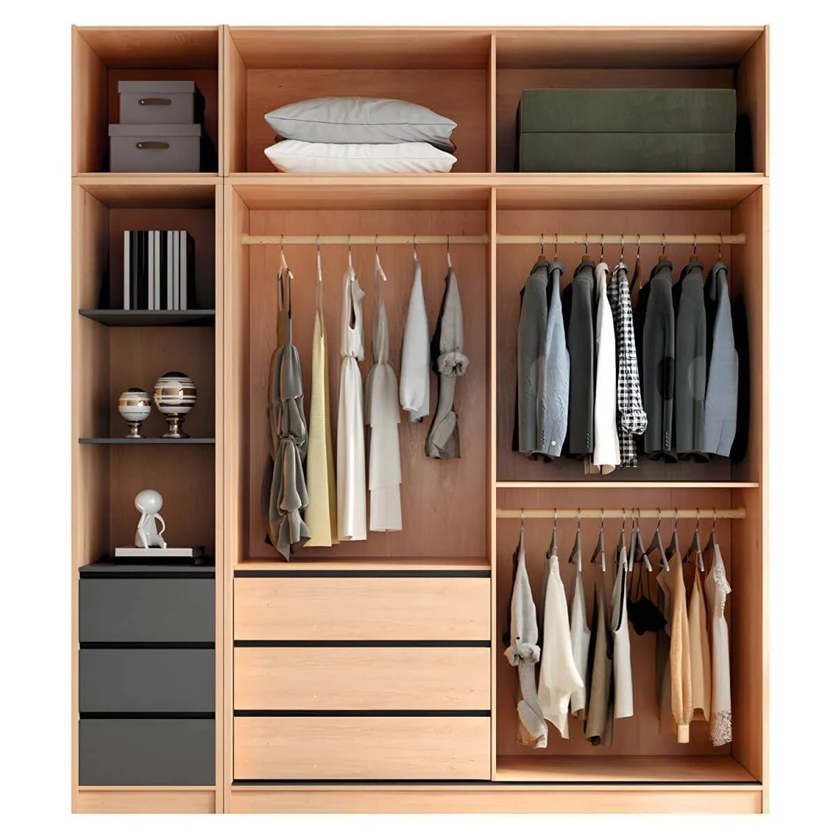 Natural Wood Wardrobe Armoire With Ribbed Glass Sliding Doors