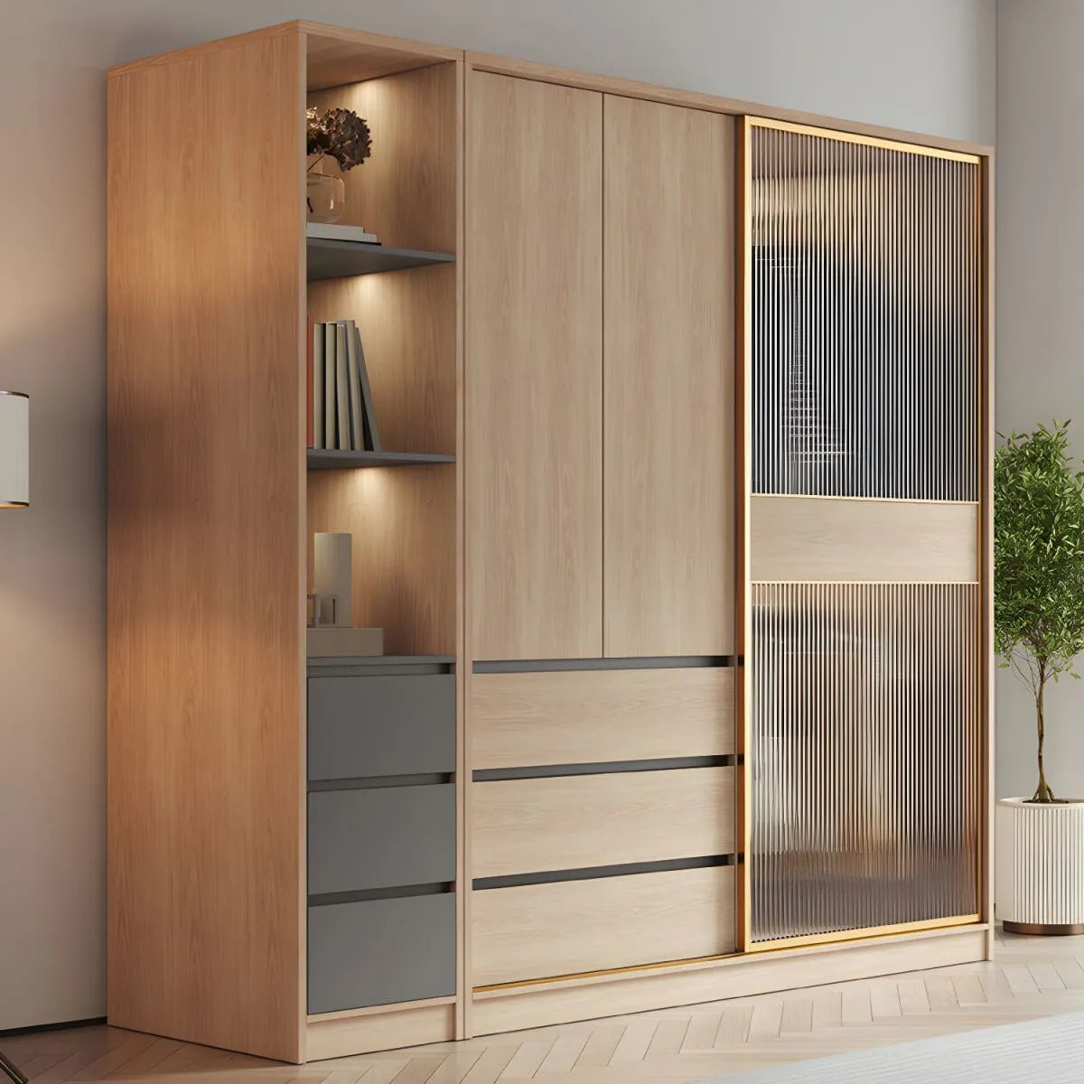 Natural Wood Wardrobe Armoire With Ribbed Glass Sliding Doors