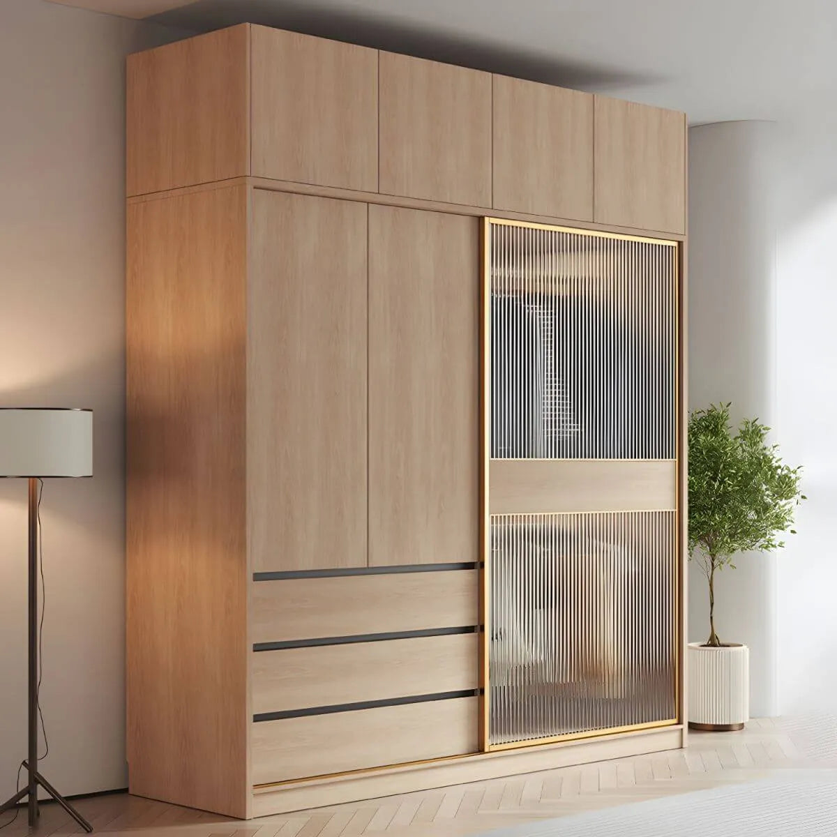 Natural Wood Wardrobe Armoire With Ribbed Glass Sliding Doors