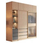 Natural Wood Wardrobe Armoire With Ribbed Glass Sliding Doors