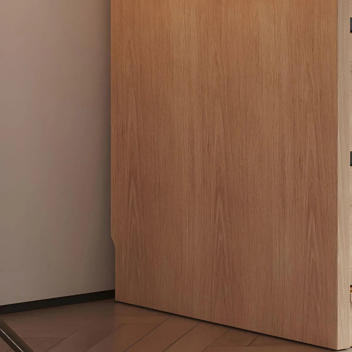 Natural Wood Wardrobe Armoire With Ribbed Glass Sliding Doors