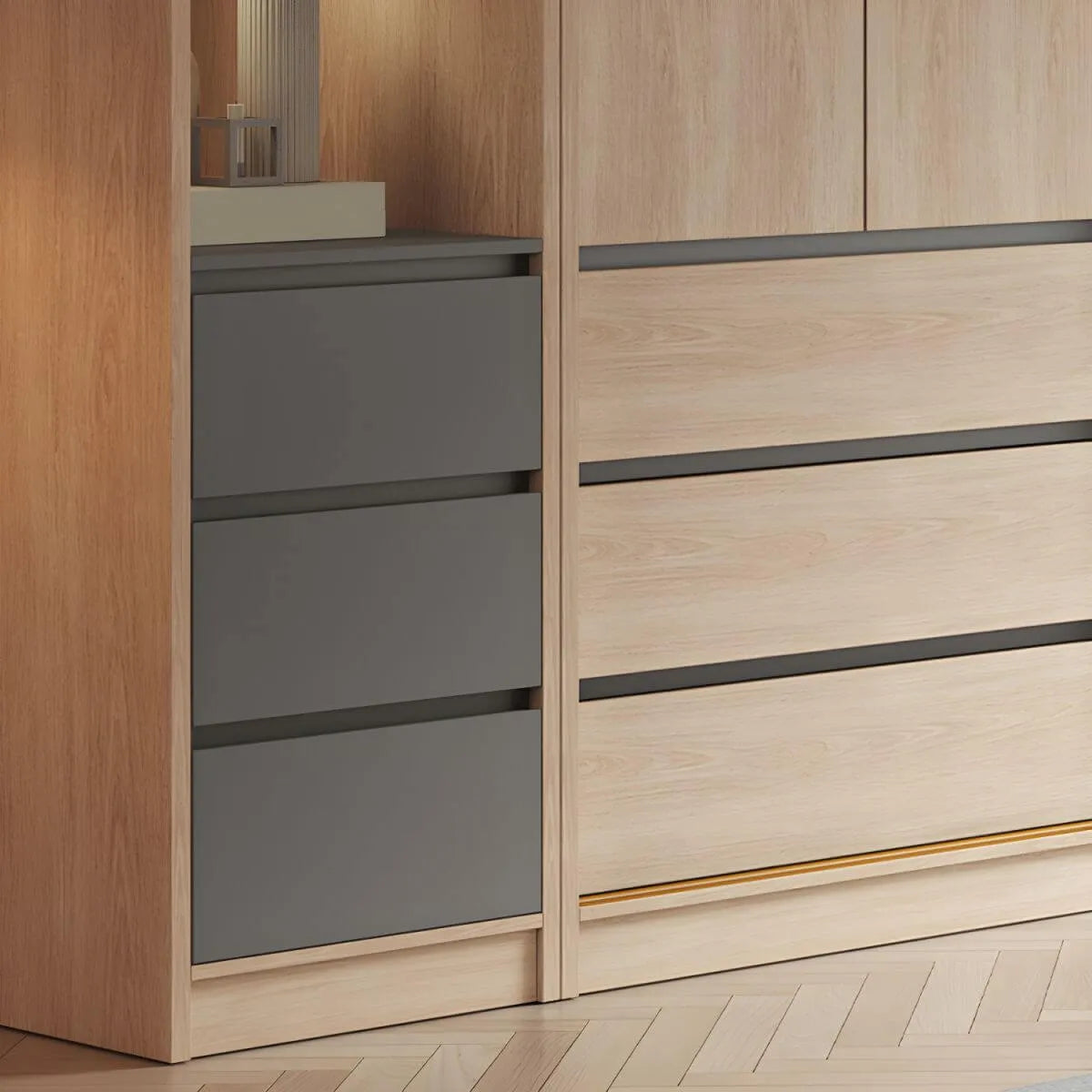 Natural Wood Wardrobe Armoire With Ribbed Glass Sliding Doors