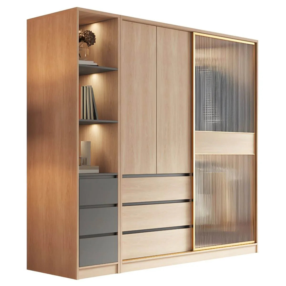 Natural Wood Wardrobe Armoire With Ribbed Glass Sliding Doors