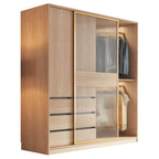 Natural Wood Wardrobe Armoire With Ribbed Glass Sliding Doors