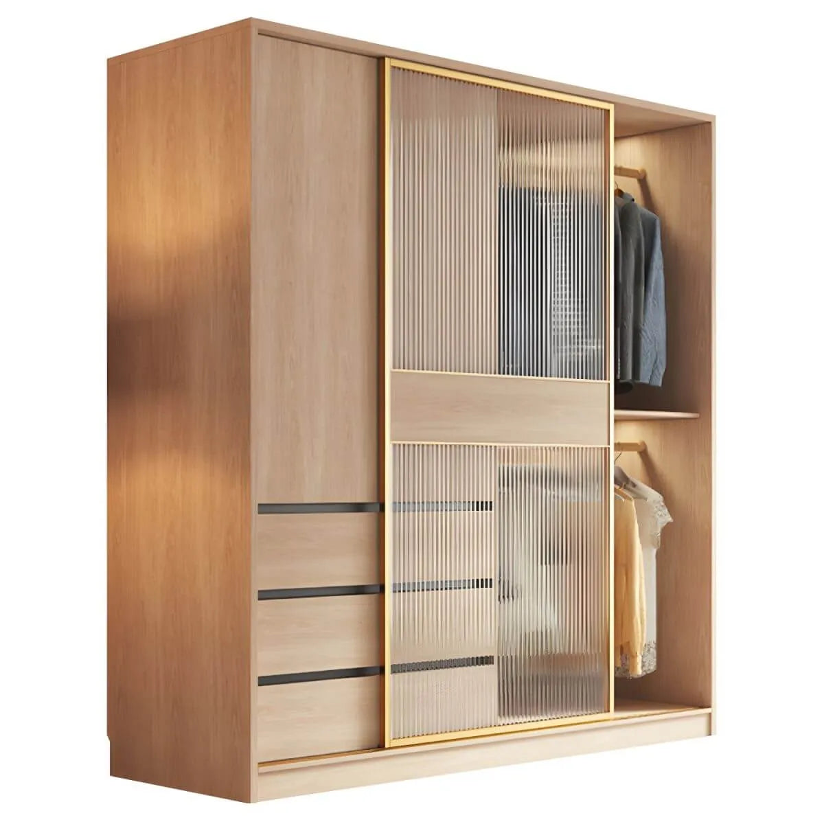 Natural Wood Wardrobe Armoire With Ribbed Glass Sliding Doors