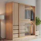 Natural Wood Wardrobe Armoire With Ribbed Glass Sliding Doors