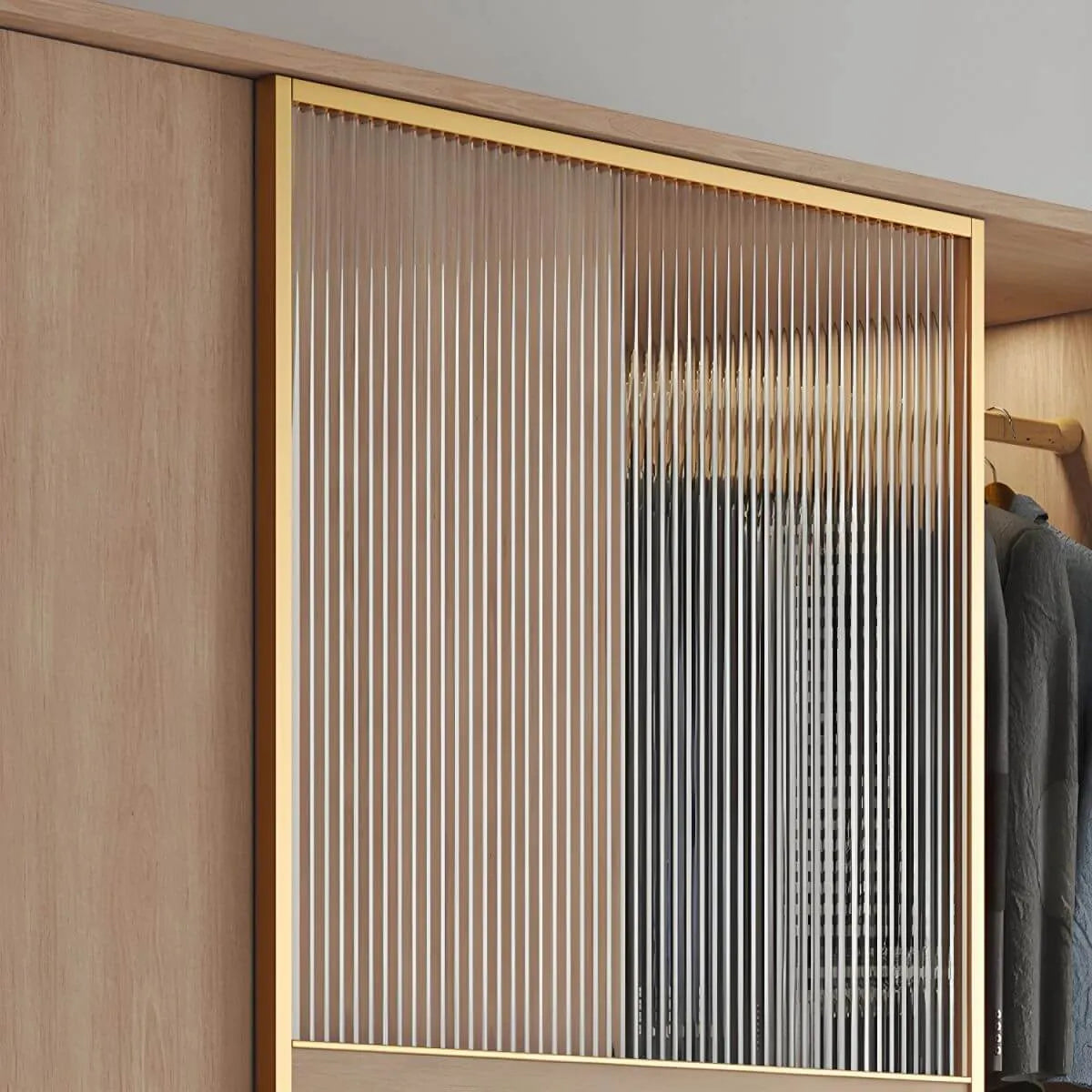 Natural Wood Wardrobe Armoire With Ribbed Glass Sliding Doors
