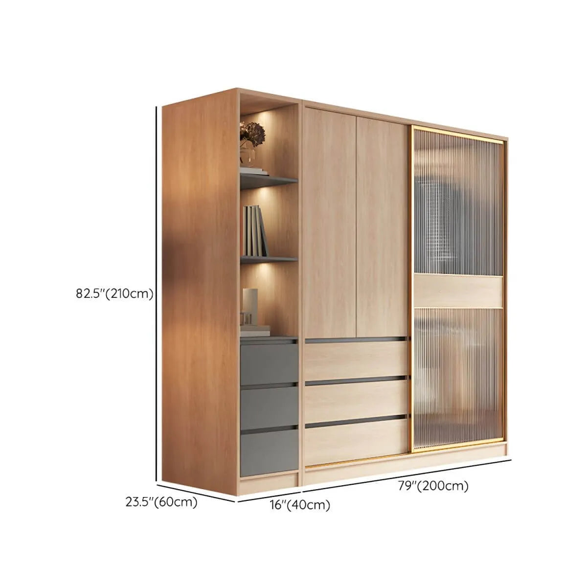 Natural Wood Wardrobe Armoire With Ribbed Glass Sliding Doors Dimensions