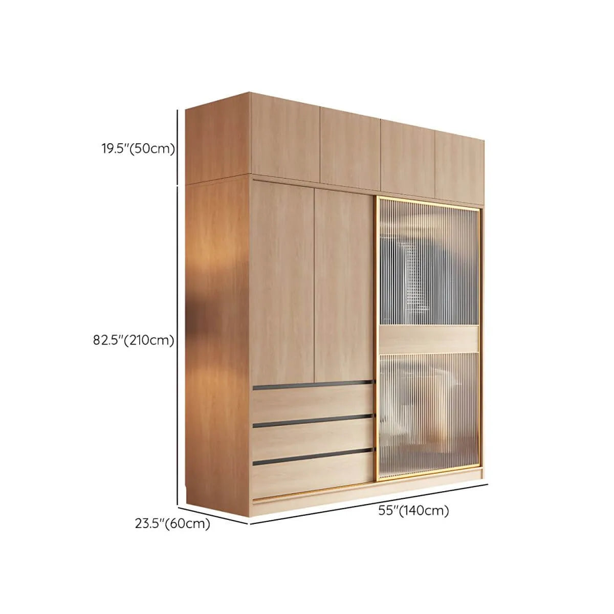 Natural Wood Wardrobe Armoire With Ribbed Glass Sliding Doors Dimensions