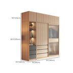 Natural Wood Wardrobe Armoire With Ribbed Glass Sliding Doors Dimensions