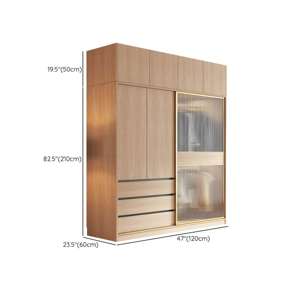 Natural Wood Wardrobe Armoire With Ribbed Glass Sliding Doors Dimensions