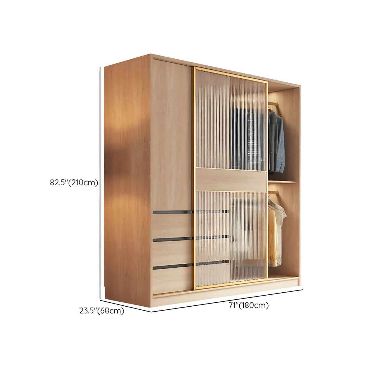 Natural Wood Wardrobe Armoire With Ribbed Glass Sliding Doors Dimensions