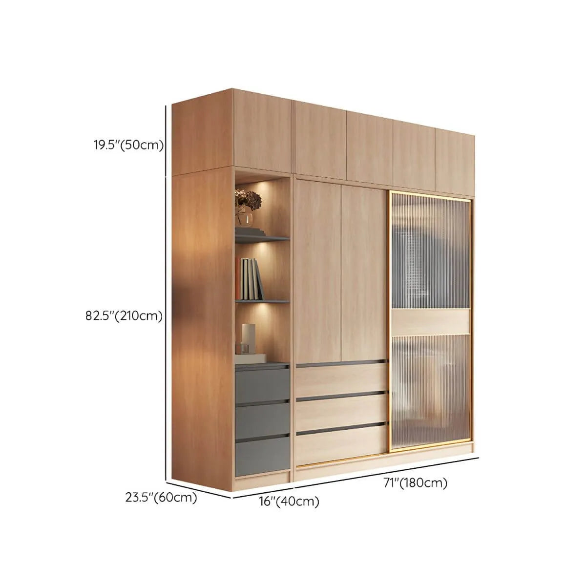 Natural Wood Wardrobe Armoire With Ribbed Glass Sliding Doors Dimensions