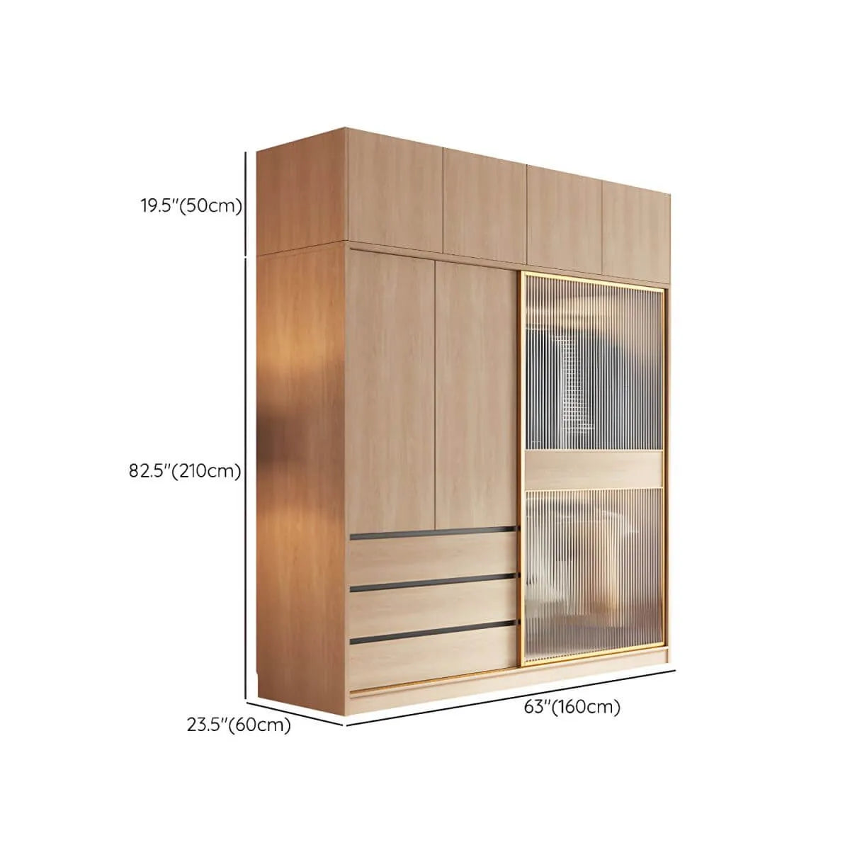 Natural Wood Wardrobe Armoire With Ribbed Glass Sliding Doors Dimensions