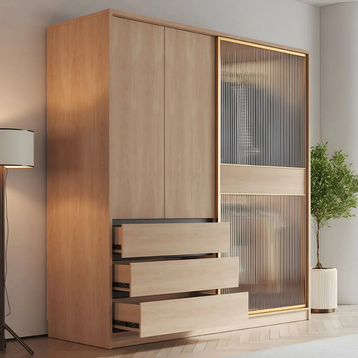 Natural Wood Wardrobe Armoire With Ribbed Glass Sliding Doors Main Product Image