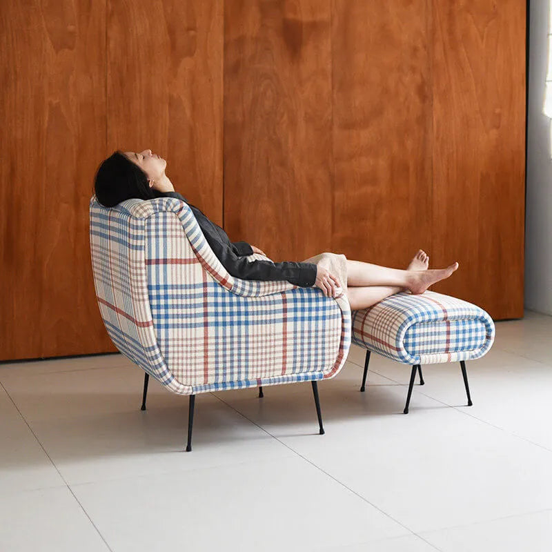 New Zealand Wool Plaid Chair and Ottoman, Nordic Wingback Lounge Set