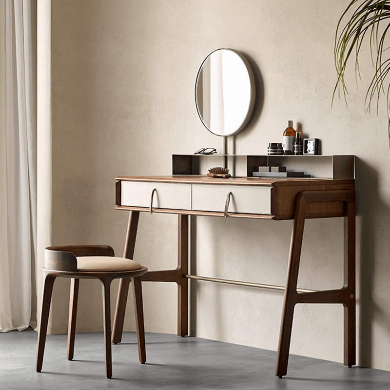 Nordic Black Walnut Dressing Table With Mirror And Stool
