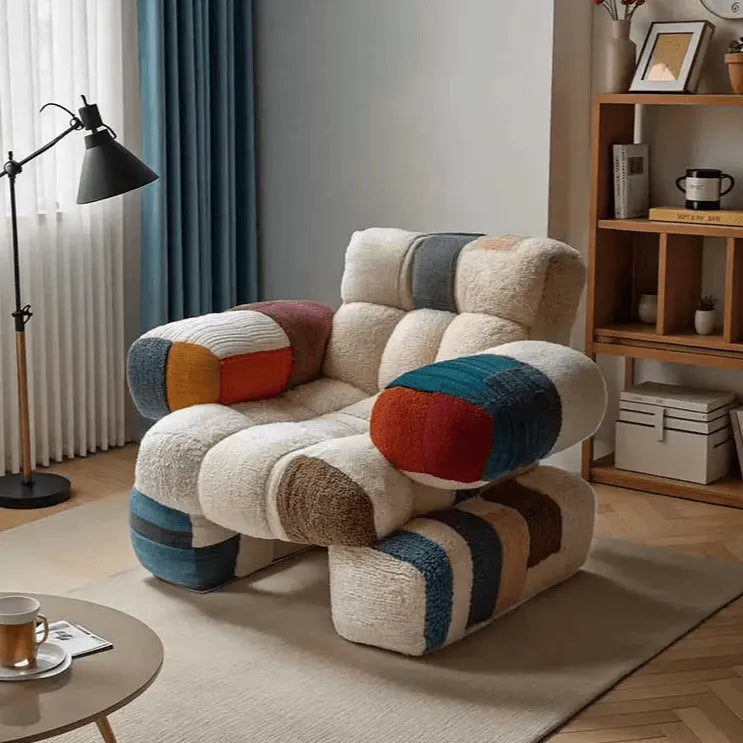 Nordic Geometric Accent Chair in Earth Tone Patchwork With Plush Comfort