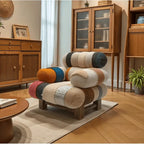 Nordic Geometric Accent Chair in Earth Tone Patchwork With Plush Comfort