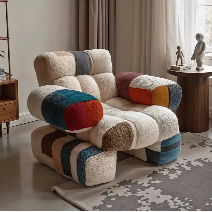 Nordic Geometric Accent Chair in Earth Tone Patchwork With Plush Comfort