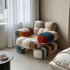 Nordic Geometric Accent Chair in Earth Tone Patchwork With Plush Comfort