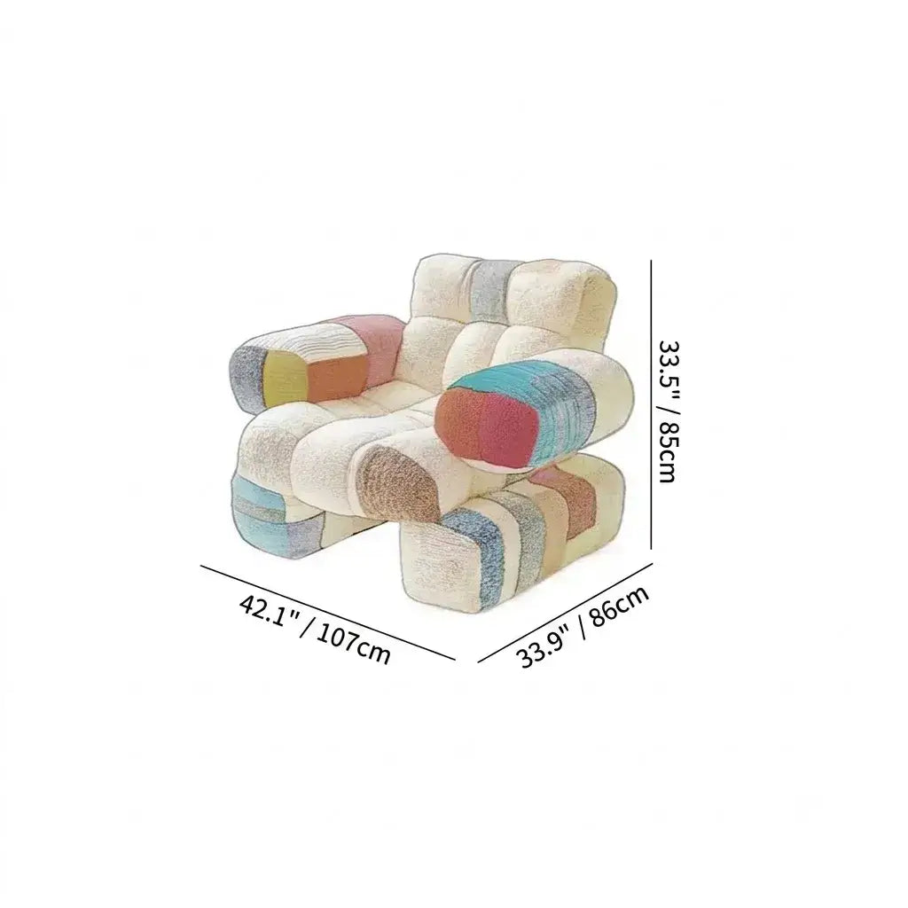 Nordic Geometric Accent Chair in Earth Tone Patchwork With Plush Comfort Dimensions