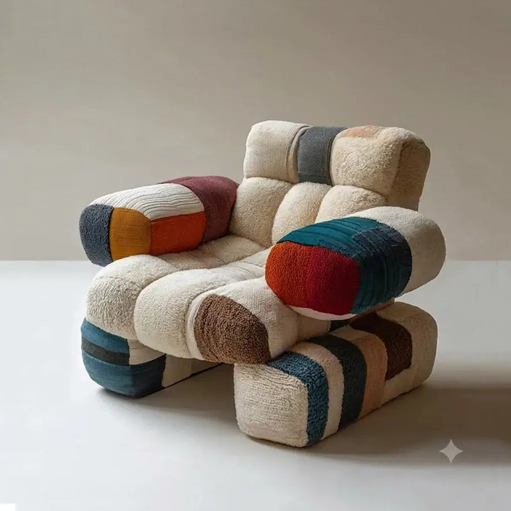 Nordic Geometric Accent Chair in Earth Tone Patchwork With Plush Comfort Main Product Image Image principale du produit