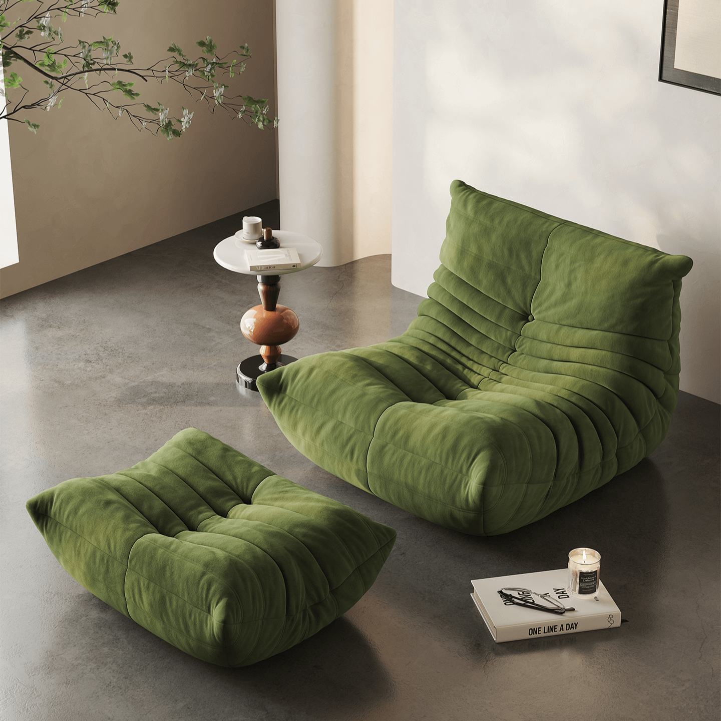 A Nordic lazy caterpillar chair with milk velvet upholstery, in Togo style.
