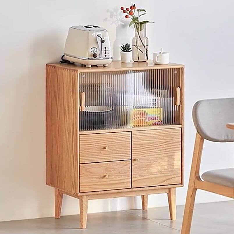 Nordic Oak Wood Sideboard With Glass Doors & Drawers