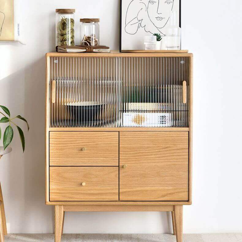 Nordic Oak Wood Sideboard With Glass Doors & Drawers Main Product Image