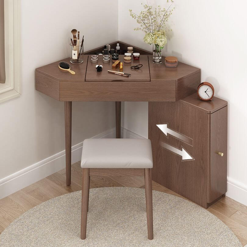 Nut-Brown Wooden Corner Dressing Table with Flip Top Mirror