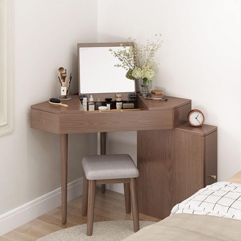 Nut-Brown Wooden Corner Dressing Table with Flip Top Mirror サブ画像