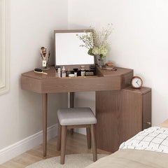 Nut-Brown Wooden Corner Dressing Table with Flip Top Mirror